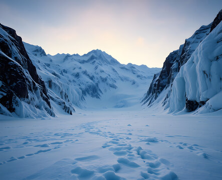 Vall&eacute;e enneig&eacute;e encaiss&eacute;e entre deux cha&icirc;nes de montagnes escarp&eacute;es, sous un ciel bleu clair et lumineux, illustrant la puret&eacute; et l'immensit&eacute; glaciale des paysages hivernaux polaires et alpins d'excep