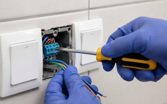 An electrician wearing protective blue gloves wires a wall light switch in a tiled interior. This shot highlights professional electrical safety and home repairs.