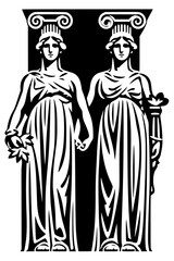 Fototapeta premium Bold black illustration of two classical Greek caryatid figures in draped robes holding laurel and torch, serving as Ionic column supports, perfect for mythology and architecture themes.