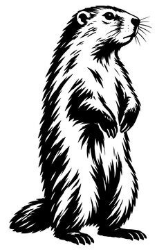 Black silhouette of marmot standing upright with detailed fur texture. Bold vector artwork symbolizing wildlife, nature, and alpine habitat.