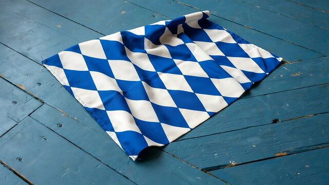 Folded bavarian diamond pattern flag on weathered blue wooden background
