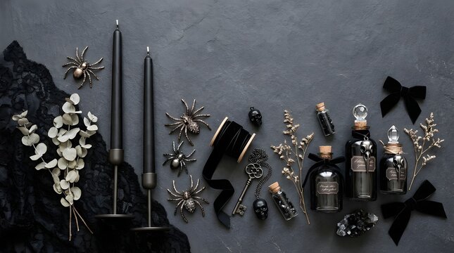 Elegant gothic style flat lay with black candles and decorative accessories on a dark textured background