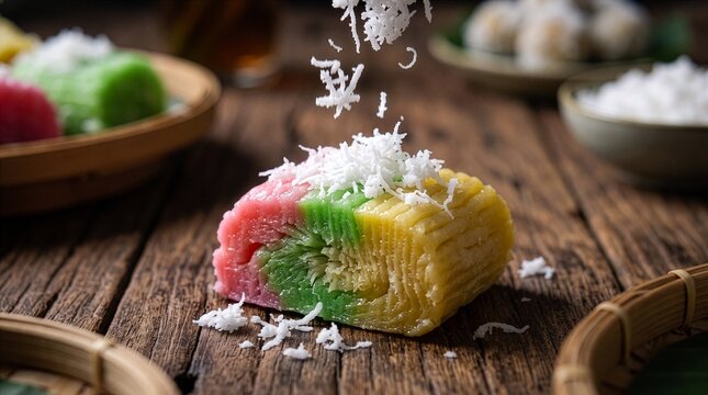 Rainbow Getuk Lindri with Falling Grated Coconut Close Up
