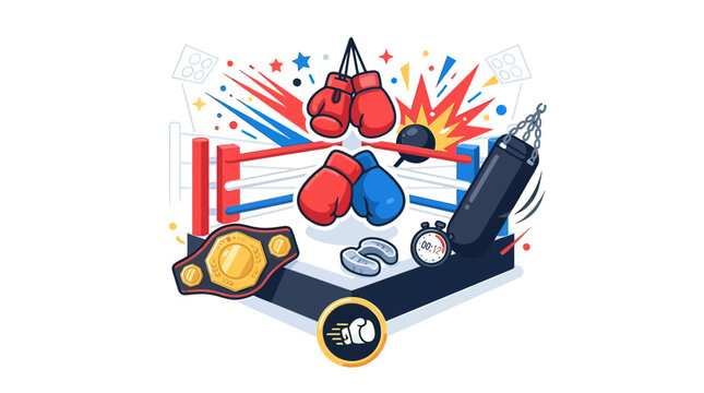 Dynamic Boxing Sport Illustration with Gloves, Championship Belt, and 12 Seconds Stopwatch Timer