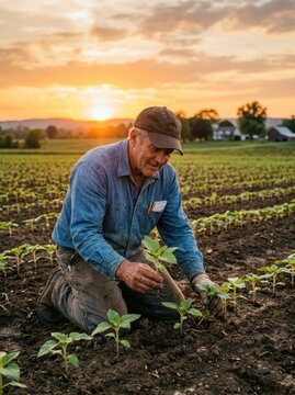 An elderly farmer kneels in a field, carefully planting seedlings. He wears a denim cap and work clothes, and his hands are covered in soil.