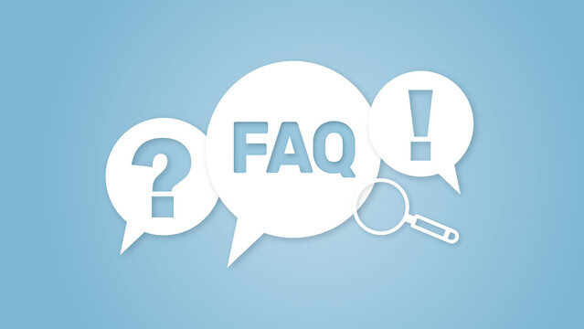 FAQ concept graphic with speech bubbles, a question mark, an exclamation point, and a magnifying glass on a light blue background illustrating customer support and help.