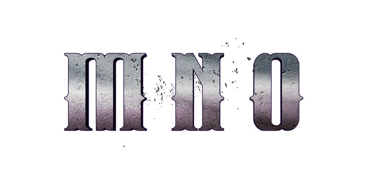 3D silver metallic letters M N O with grunge texture isolated on black background