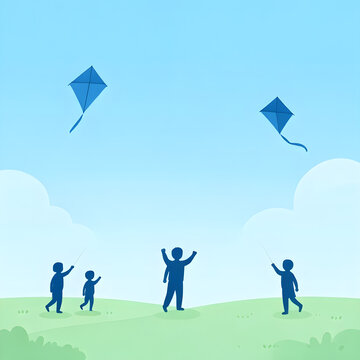 Wide shot of faceless silhouette figures flying kites in an open field under a spring sky, flat vector illustration