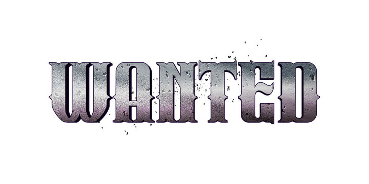 Silver metallic vintage wanted text lettering with splash details isolated on transparent background