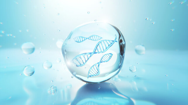 Elegant visualization of DNA molecular structure in a crystal clear style. Ideal for cosmetic innovation, skincare ads, genetic science, and luxury medical presentations.