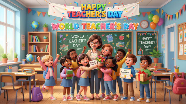 3D cartoon classroom teacher appreciation scene.