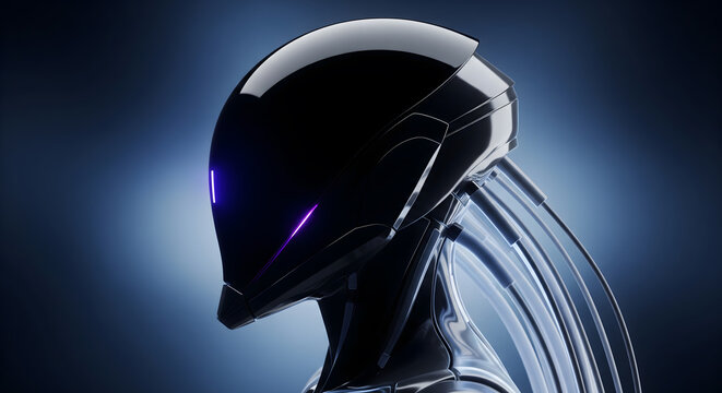 A sleek futuristic robot head with glowing purple optical sensors and connected cables against a dark background.