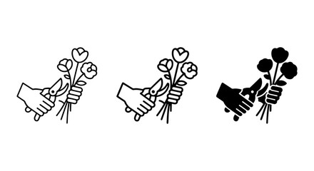 Fototapeta premium Floral Arrangement Icons: Hand Holding Flowers with Scissors, Vector Set for Gardening and Gifting