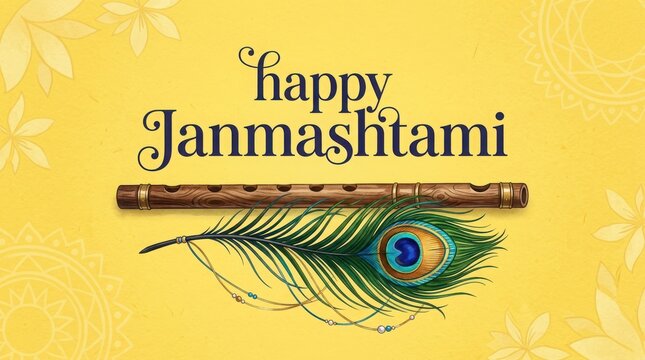 Happy janmashtami elegant calligraphy with wooden flute and peacock feather on yellow background for festive greetings.