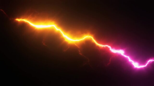 Dynamic glowing yellow and pink electric lightning bolt flashing against a dark background. Perfect for sci-fi and visual effects.