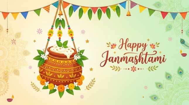 Festive dahi handi decoration with hanging butter pot and colorful buntings for traditional hindu celebration background.
