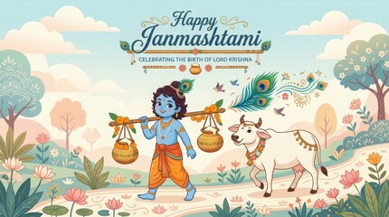 Fototapeta premium Little Lord Krishna walking with cow in pastel garden scenery celebrates birth of divinity with traditional butter pots.