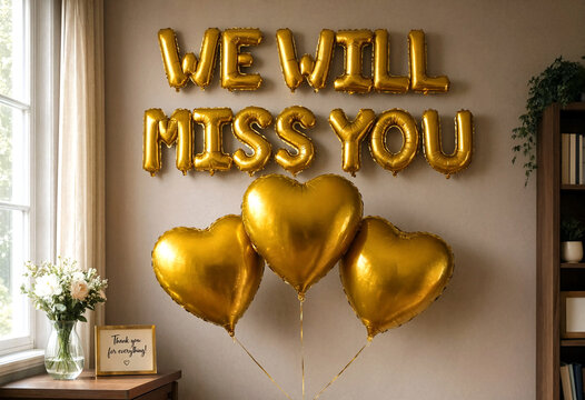 Emotional farewell party setup with golden foil balloons and flowers on a table near window