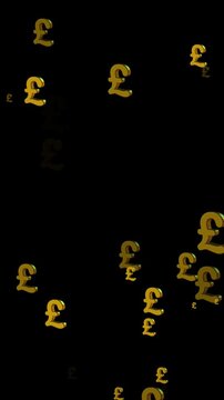 3D gold British pound sterling currency falling rain vertical 9:16 loop background