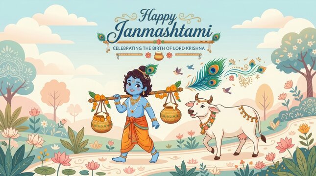 Little Lord Krishna walking with cow in pastel garden scenery celebrates birth of divinity with traditional butter pots.