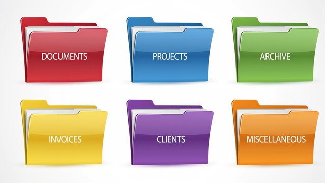 Colorful glossy document folders with labels isolated on white background. Useful concept for office organization and digital file management graphics.