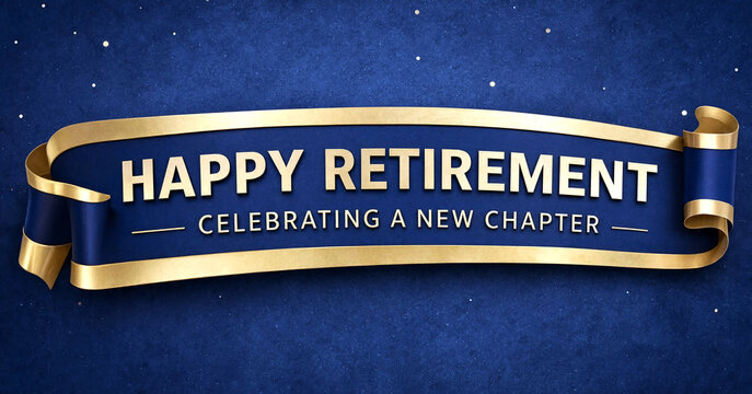 Golden decorative ribbon with happy retirement message celebrating a new chapter in life
