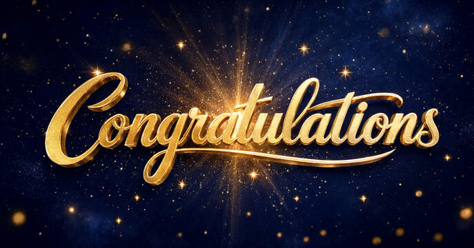 Golden shiny congratulations text with sparkling starburst effect and twinkling stars background