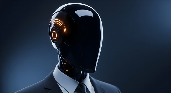 Close-up portrait of a humanoid robot wearing a suit and tie against a dark background