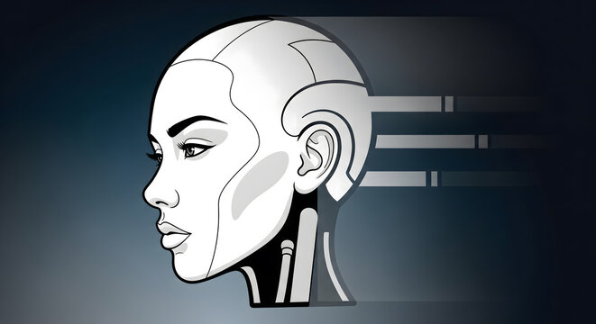 An illustration showing a futuristic android head in profile with motion blur effect.