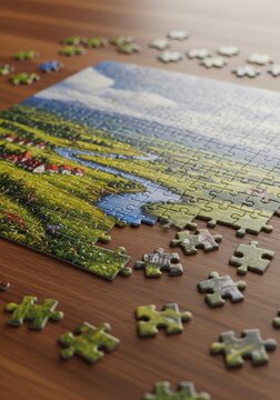 A partially completed jigsaw puzzle displays a scenic landscape image. The puzzle pieces are scattered across a wooden surface, with a significant portion of the picture already assembled.