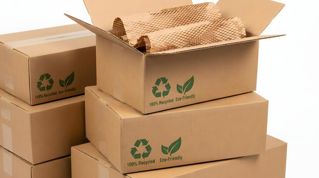 Eco-friendly cardboard boxes stacked, one open with recycled paper packaging, sustainability concept