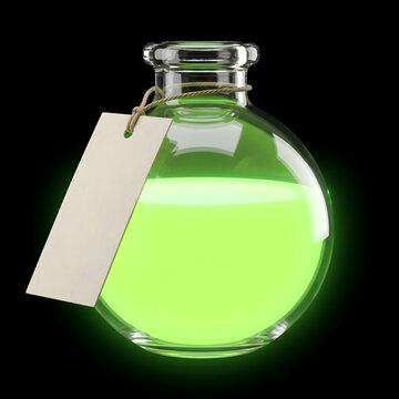Glowing neon green potion glass flask with blank paper label tag on black background studio style 202608141216