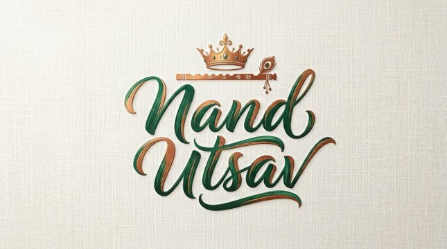 Nand utsav calligraphic text design with golden crown and flute illustration on textured white background for celebration.