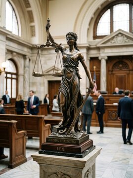 A bronze statue of Lady Justice stands prominently in a grand courtroom. The statue, adorned with the scales and sword, displays the inscription "JUSTITIA ET AEQUITAS LEX.