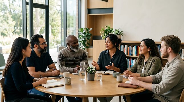 Diverse group of business adults conversing at round table during team meeting in modern office