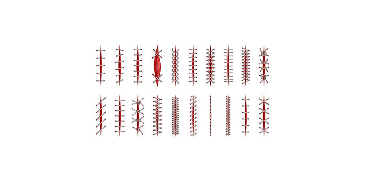 Set of isolated red stitches design elements for medical, costume, or creative projects on transparent background.