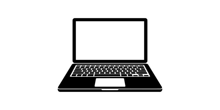 Black outline laptop computer icon with blank screen for digital communication and technology design.