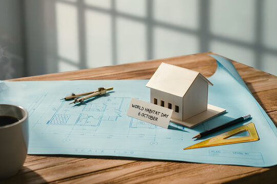 Small white house model on a blue architectural blueprint with a note for habitat day 6 october, compass, and drafting triangle