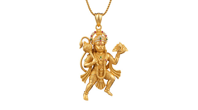 Gold hanuman pendant, holding mace and mountain, isolated on transparent background