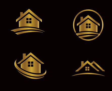 A premium collection of four elegant golden house vector logos featuring modern real estate symbols, abstract swooshes, dynamic roofs, and circular frames designed on a luxury black background.
