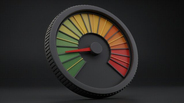 A circular gauge with a color-coded scale indicates a low performance level. This 3D graphic represents risk assessment and monitoring concepts for business data.