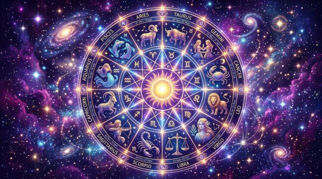 Zodiac wheel with twelve astrology signs and horoscope symbols in a colorful deep space galaxy