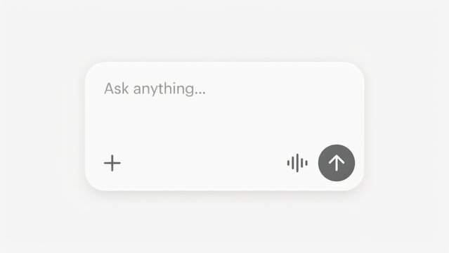A minimalist chat interface input box with text prompt and send button isolated on white background. Artificial intelligence prompt design concept.