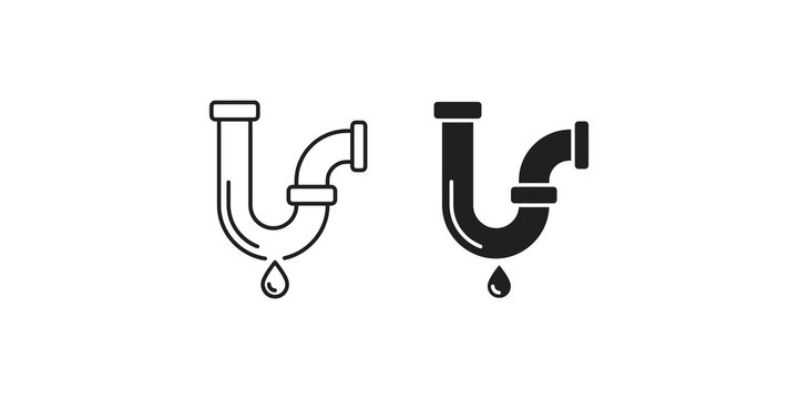 Black leaking pipe icon set depicting plumbing issue and water damage.