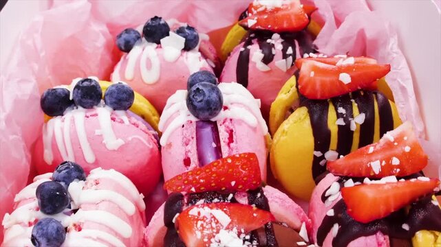 Macarons in Box with Strawberry and Grapes