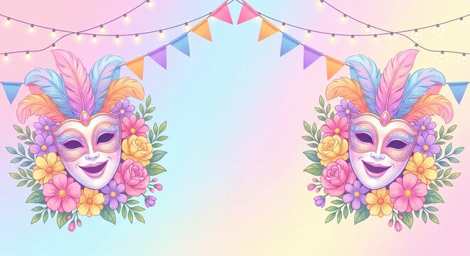 Elegant MassKara Festival Composition with Pastel Gradient Background, Luxury Feathers, Floral Ornaments, Colorful Streamers and Sparkling Bokeh
