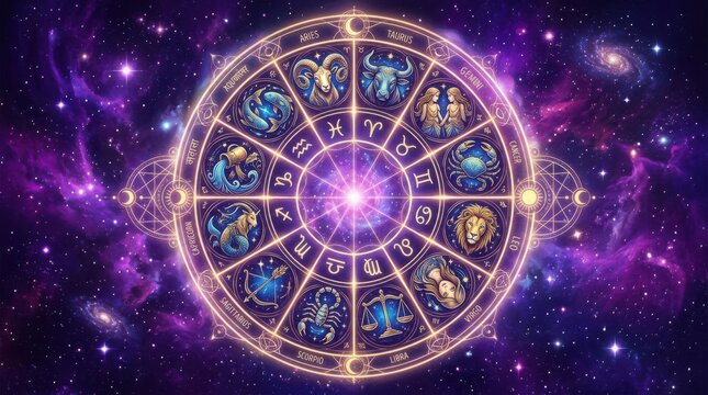 Astrology zodiac wheel with twelve star signs on a purple nebula space background