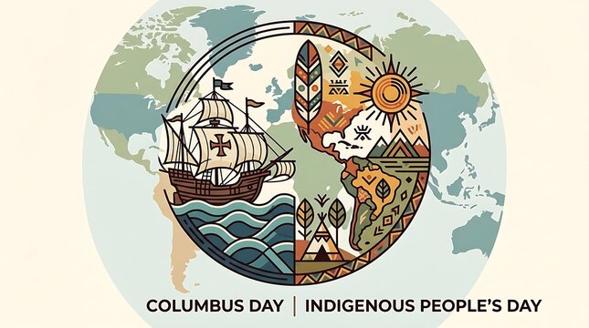 Columbus day and indigenous peoples day cultural celebration illustration with columbus, indigenous