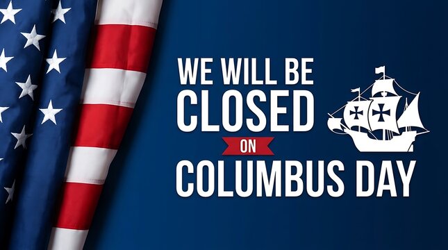 Columbus day closure sign with ship icon and american flag columbus announcement american