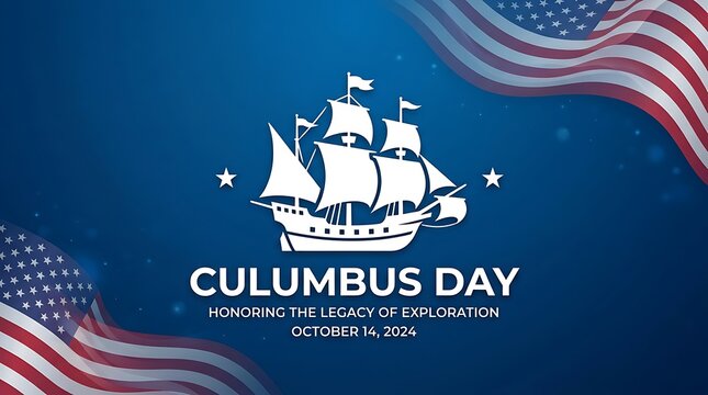 Columbus day graphic with sailing ship silhouette and waving american flag columbus exploration